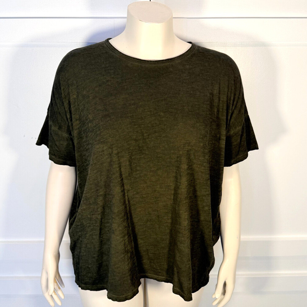 Eileen Fisher Tee Shirt Top Women's L Dark Olive Green 100% Cotton Crew Neck